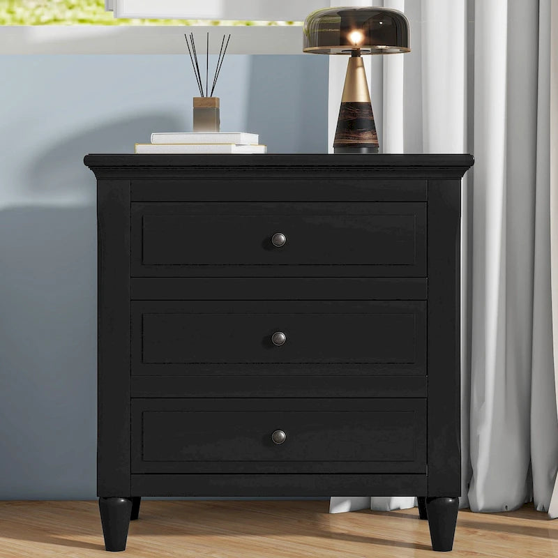 Mid - Century Modern Nightstand, Wooden Lockers with Metal Handle 3 Drawers, Entry Side Table with Solid Wood Legs