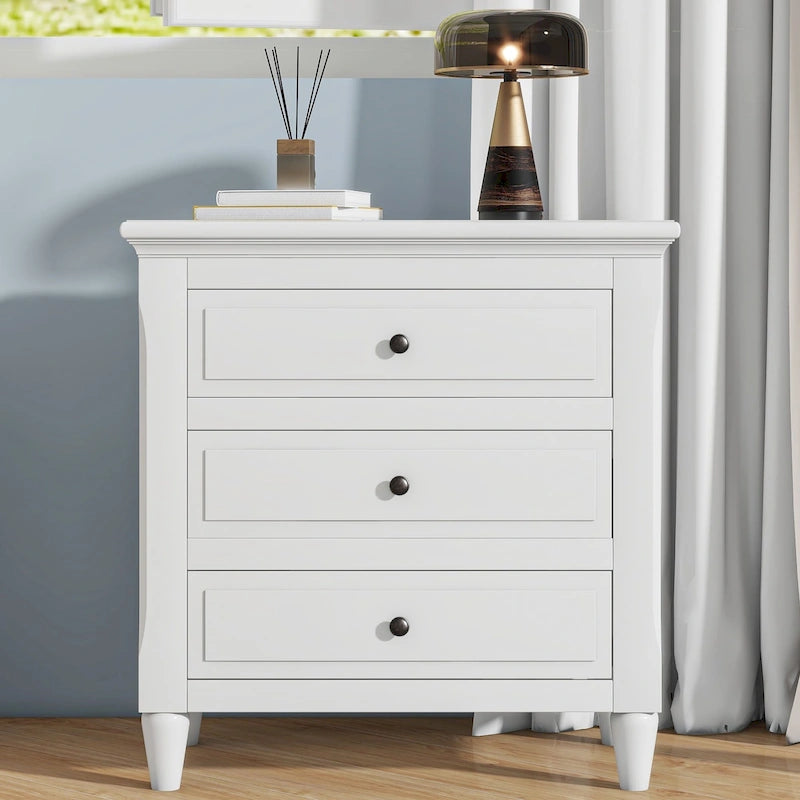 Mid - Century Modern Nightstand, Wooden Lockers with Metal Handle 3 Drawers, Entry Side Table with Solid Wood Legs