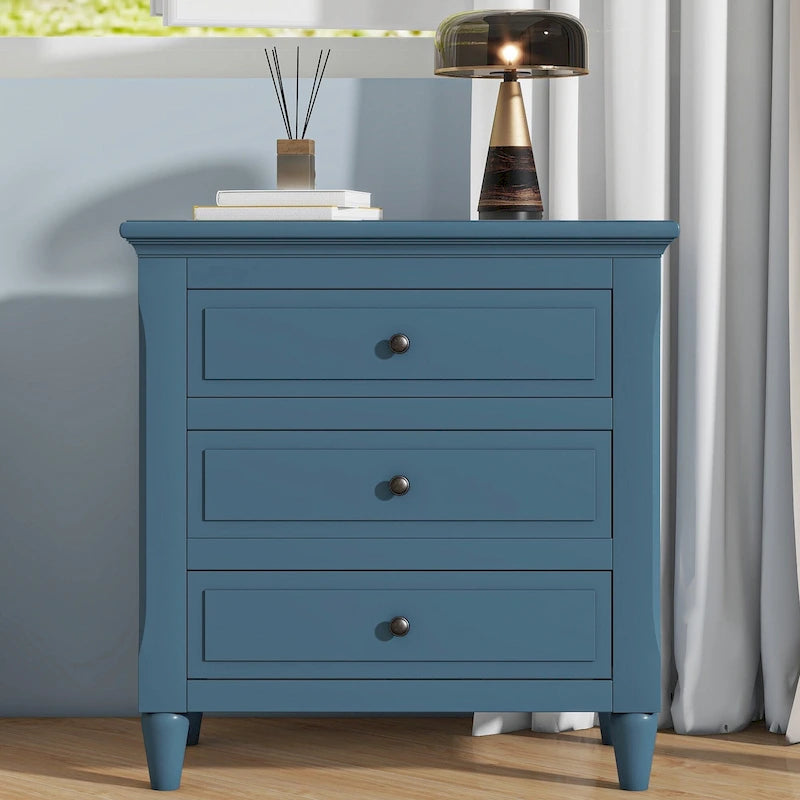 Mid - Century Modern Nightstand, Wooden Lockers with Metal Handle 3 Drawers, Entry Side Table with Solid Wood Legs