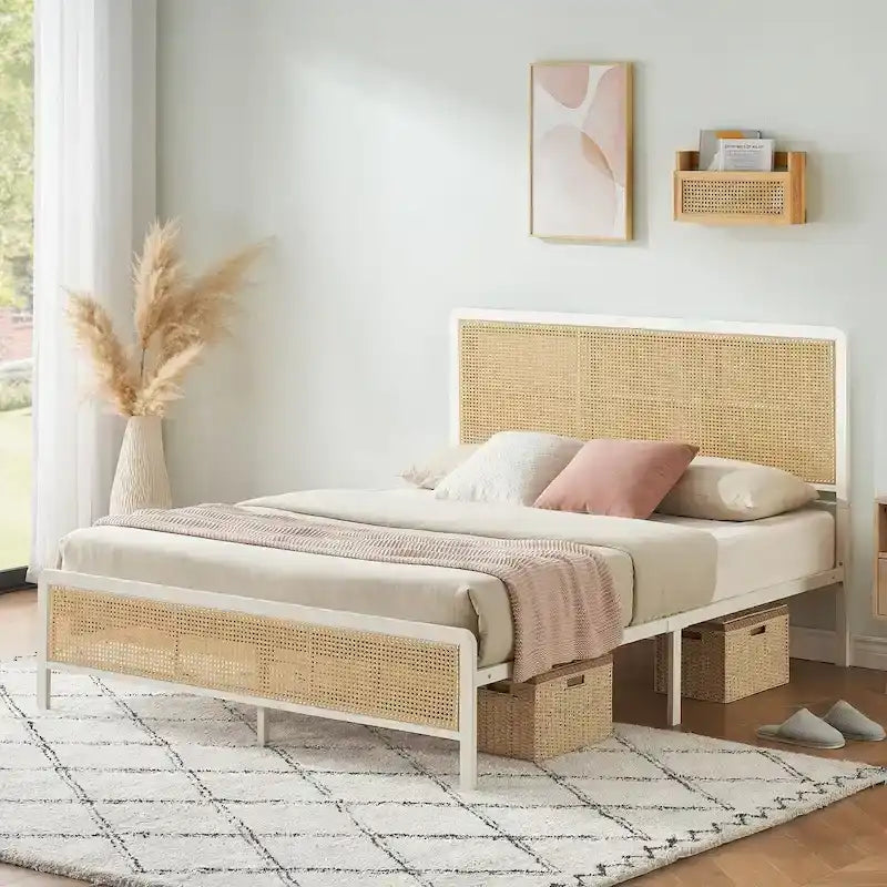 Modern Style Cane Boho Bed Frames with Led Light
