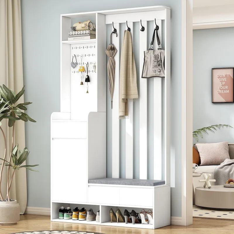 39.3Wx70.8H Hall Tree Storage with Cushioned Storage Bench, Multifunctional Hallway Shoe Cabinet, Pegboard, Coat Rack, 4 Hooks