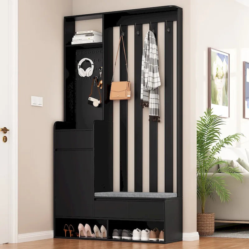 39.3Wx70.8H Hall Tree Storage with Cushioned Storage Bench, Multifunctional Hallway Shoe Cabinet, Pegboard, Coat Rack, 4 Hooks
