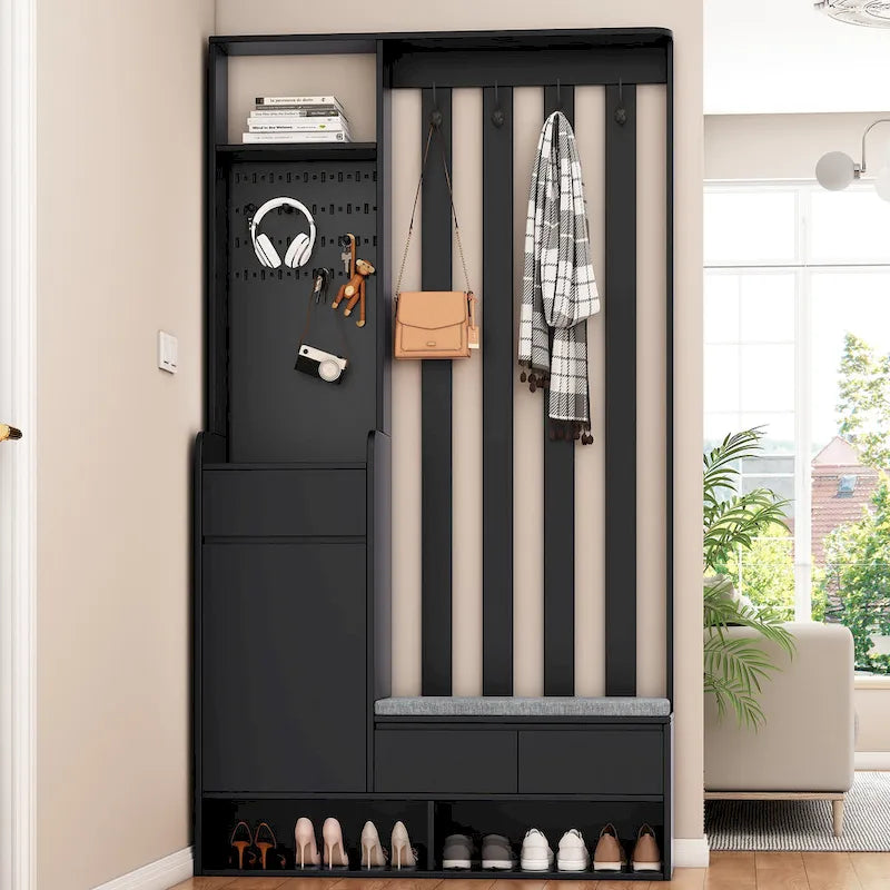 39.3Wx70.8H Hall Tree Storage with Cushioned Storage Bench, Multifunctional Hallway Shoe Cabinet, Pegboard, Coat Rack, 4 Hooks